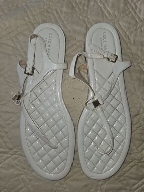 Cole Haan White Quilted Patent T-Strap Sandals with Gold Buckles